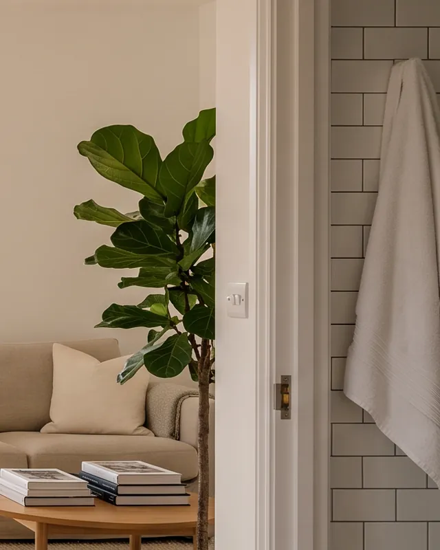 Clean corner with a plant and a white-tiled bathroom