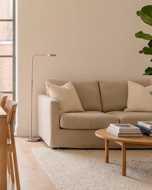 Tidy living room with a linen sofa